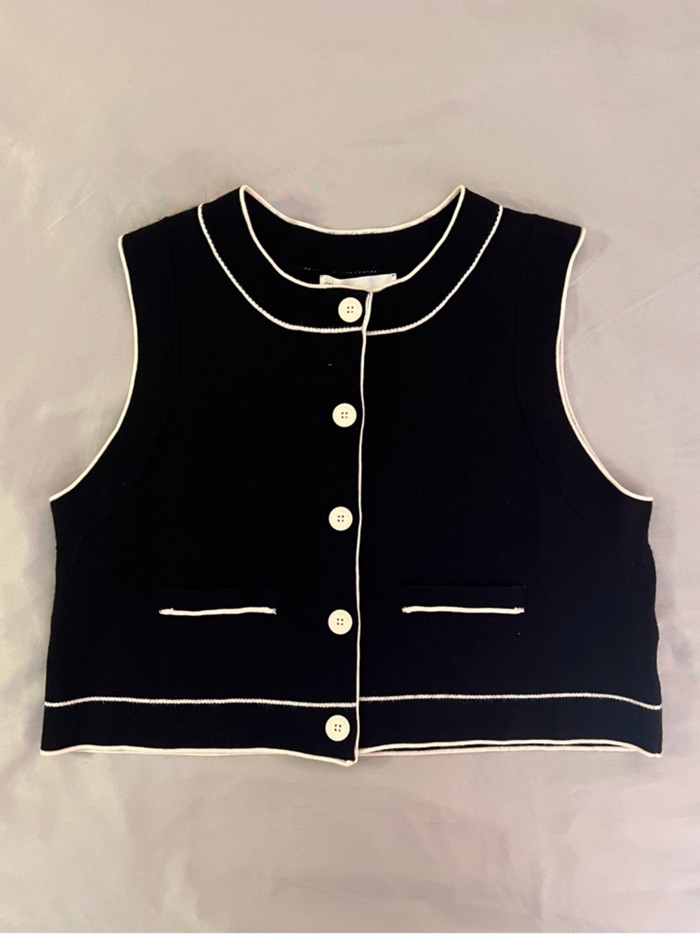 OAK + FORT Black Knit Vest with White Trim